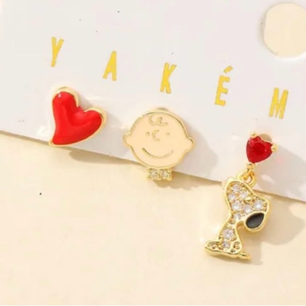 14K Gold Plated Peanuts Gang Snoopy & Woodstock Theme Earrings Mismatched Set - Picture 2 of 4